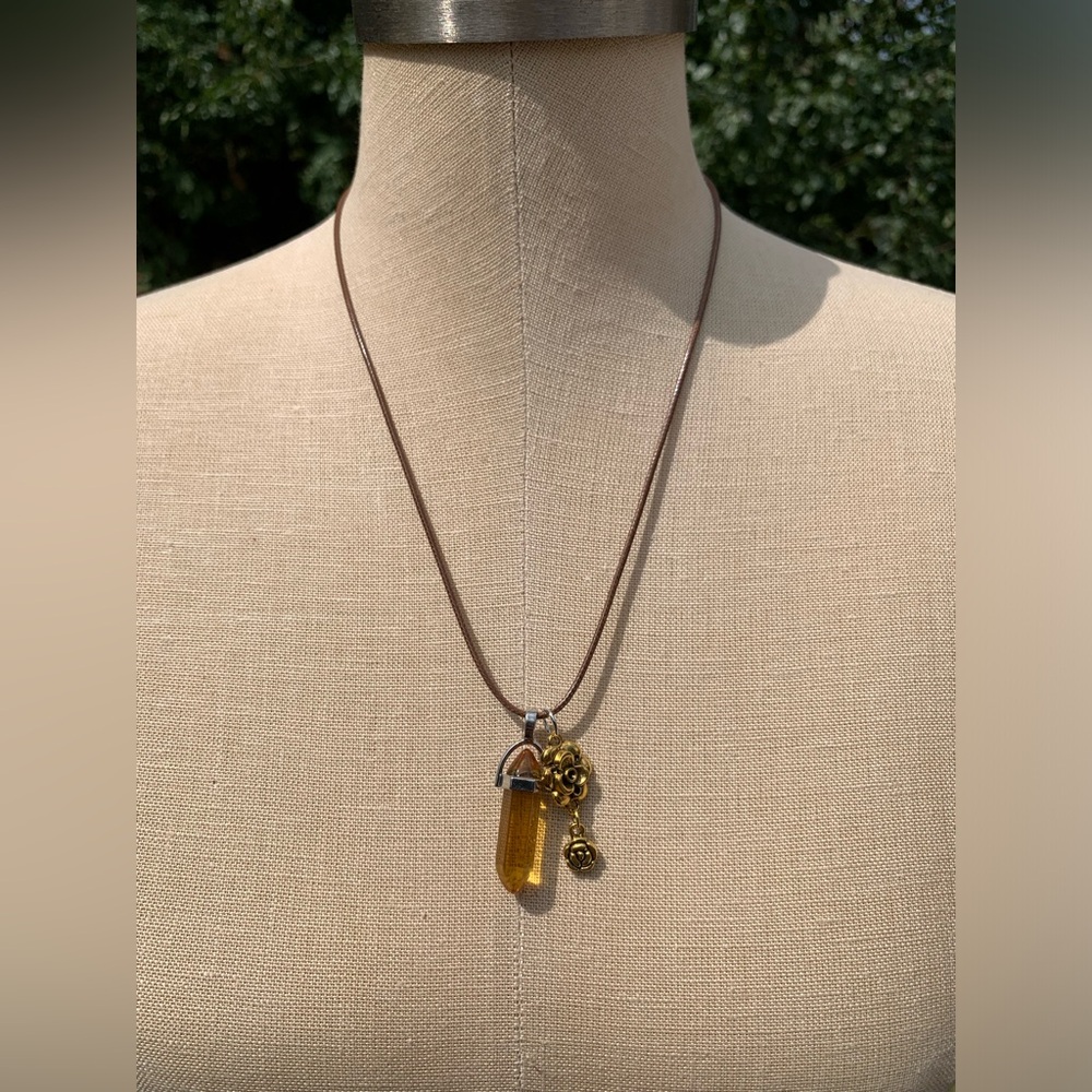 Handmade Honey Amber Resin Crystal Amulet Necklace & Flower Charm - Picture 6 of 8